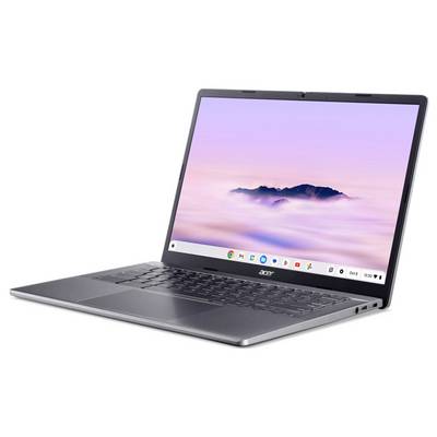 Ein silberner Laptop von Acer mit geöffnetem Bildschirm, der eine Benutzeroberfläche mit Symbolen für Apps zeigt, vor einem rosa-blauen Himmelshintergrund.