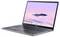 Ein silberner Laptop von Acer mit geöffnetem Bildschirm, der eine Benutzeroberfläche mit Symbolen für Apps zeigt, vor einem rosa-blauen Himmelshintergrund.