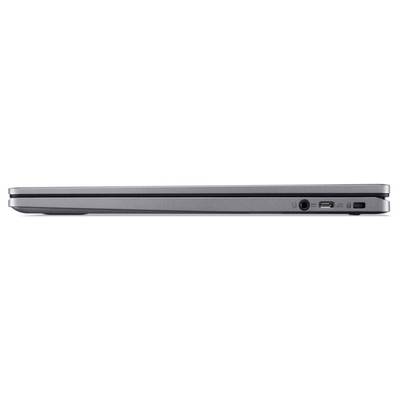 Geschlossener Laptop von der Seite mit sichtbaren Anschlüssen: ein USB-Port und ein Audioanschluss.