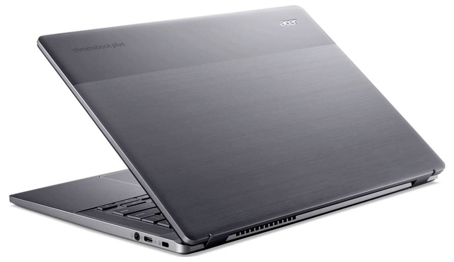 Geöffneter silberner Laptop von hinten, teilweise geschlossen. Zeigt die Rückseite und den Markennamen.