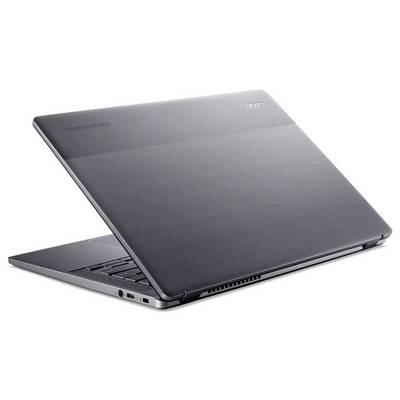 Geöffneter silberner Laptop von hinten, teilweise geschlossen. Zeigt die Rückseite und den Markennamen.