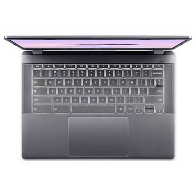 Ein moderner Laptop von oben, geöffnet mit sichtbarer Tastatur und Touchpad. Der Bildschirm zeigt ein verschwommenes, helles Bild.