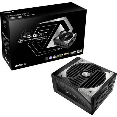 Schwarzes, vollständig modulares ASRock-Netzteil TC-1300T mit großer Lüfteröffnung, präsentiert neben seiner Verpackung.