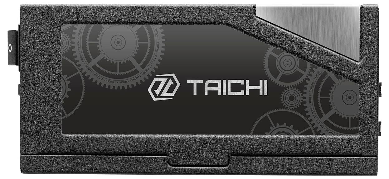Eine schwarze Computerkomponente mit silbernen Zahnrädern und dem Schriftzug 'TAICHI'. Design zeigt technische Ästhetik.