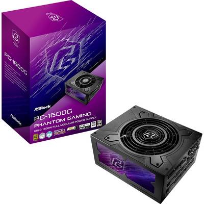 Netzteil mit Lüfter. Verpackung zeigt 'ASRock PG-1600G Phantom Gaming' für PC, vollmodular, 1600 Watt, goldene Effizienz.