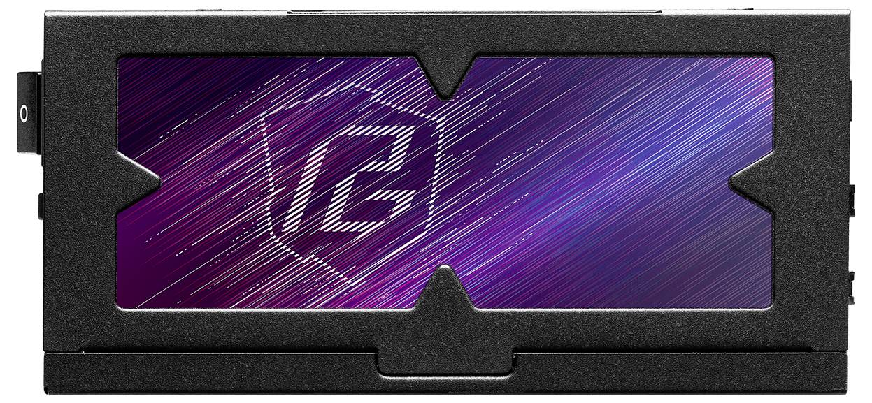 Eine schwarze GPU mit transparentem Fenster, das ein lila-blaues, lineares Muster und das Logo 'IC' zeigt.