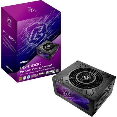 'Abbildung eines PC-Netzteils: ASRock PG-1300G Phantom Gaming. 1300W, vollmodular, mit lila und schwarzem Design und Verpackung.'