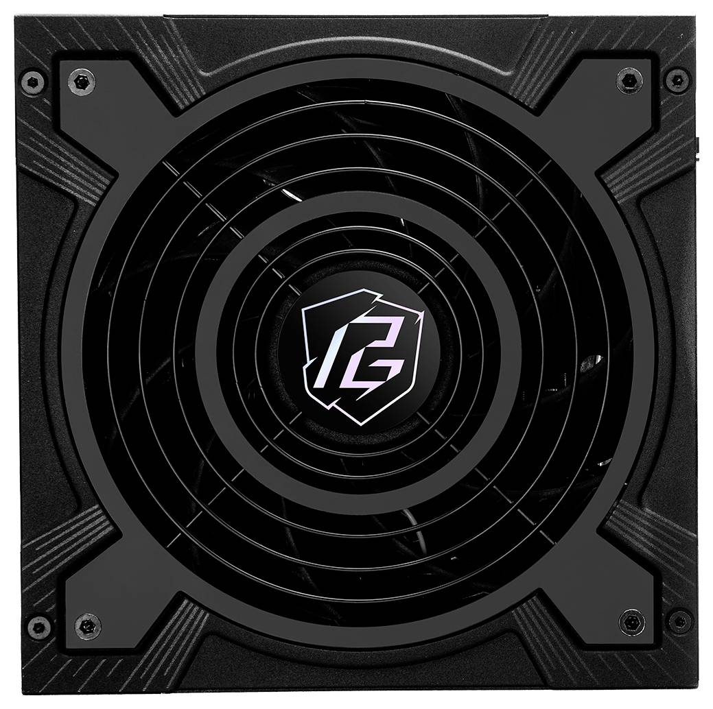 Schwarzes Computernetzteil mit einem großen Lüfter in der Mitte und einem 'PG'-Logo in der Mitte des Lüfters.