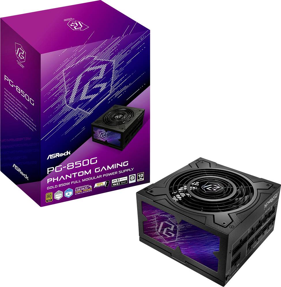 Eine PC-Netzteilverpackung, ASRock PG-850G Phantom Gaming, wird neben dem eigentlichen Netzteil mit auffälligem Design gezeigt.