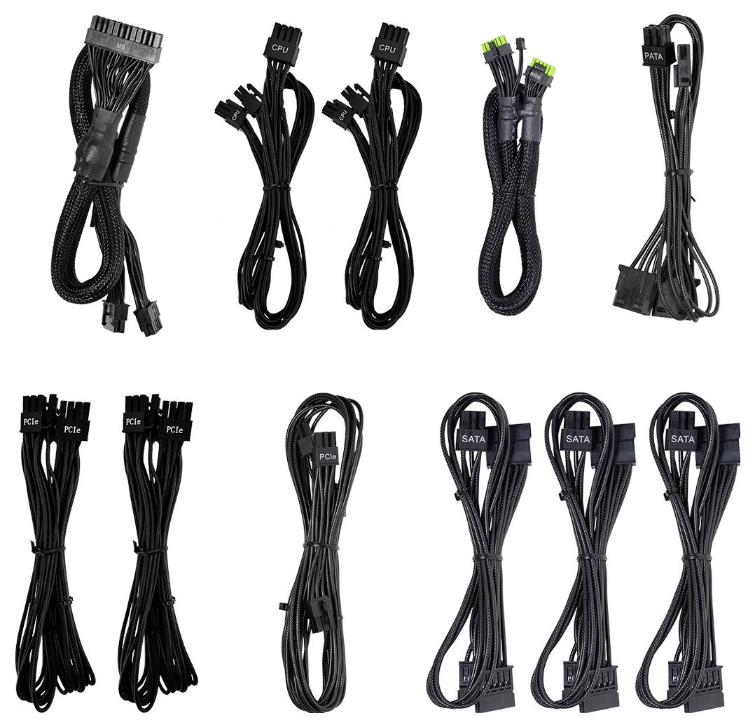 Verschiedene Arten von schwarzen Computerstromkabeln, geordnet in Reihen: CPU-, PCIe-, SATA-Kabel, jeweils paarweise angeordnet.