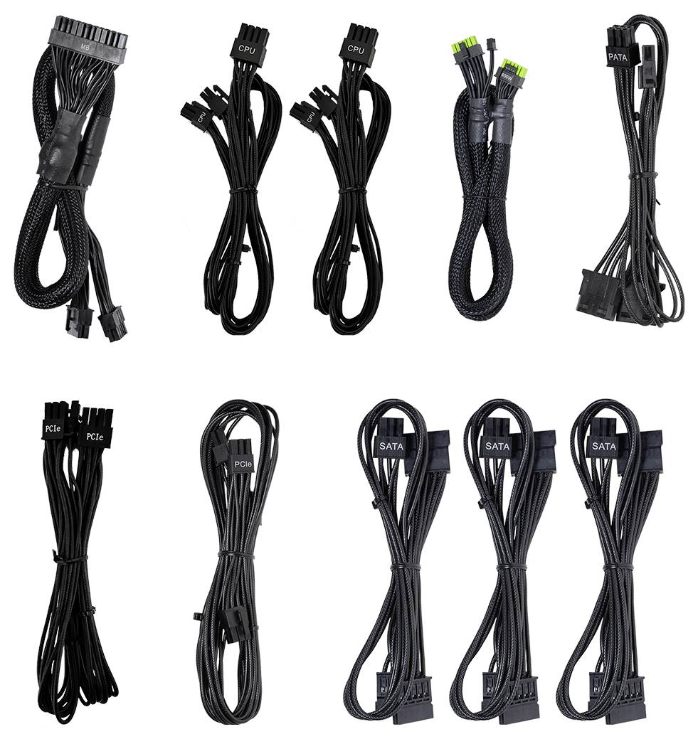 'Verschiedene Computer-Netzkabelarten: ATX, CPU, PCIe, und SATA-Kabel, jeweils in unterschiedlichen Mengen und Layouts dargestellt.'