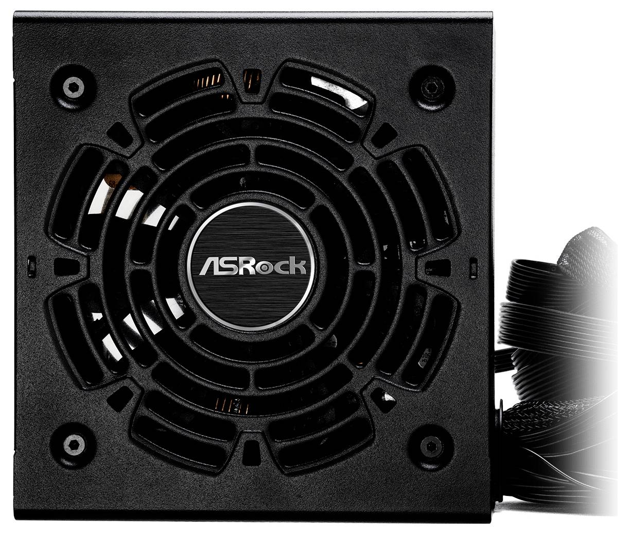 Schwarzes internes Computer-Netzteil mit Lüfter; Marke 'ASRock' im Zentrum sichtbar. Kabelbündel auf der rechten Seite.