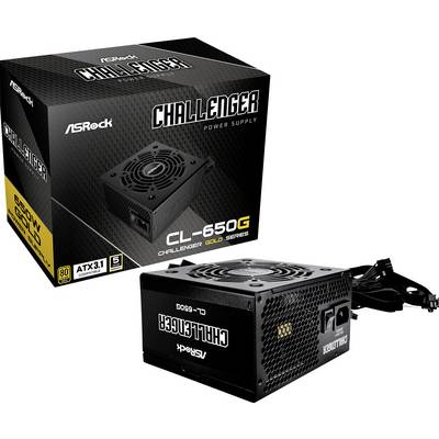 'ASRock Challenger CL-650G Gold' Netzteil mit ATX3.1, 650W Leistung und 80 Plus Gold Zertifizierung neben dazugehöriger Verpackung.
