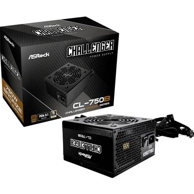 Schwarzes Netzteil 'ASRock Challenger CL-750B' mit Lüfter und Kabel, neben zugehöriger Verpackung, auf der Bezeichnungen und Logos zu sehen sind.
