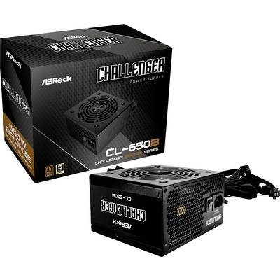 Ein schwarzes Netzteilmodell 'Challenger CL-650B' von ASRock, abgebildet vor seiner Verpackung. Es zeigt das 80-Plus-Bronze-Zertifikat.