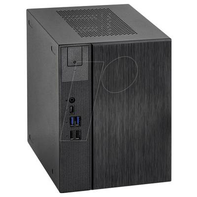 Ein schwarzes Desktop-Computergehäuse mit einer schlanken Frontblende, das mehrere USB-Anschlüsse, einen Audioeingang und einen Einschaltknopf an der Seite aufweist.