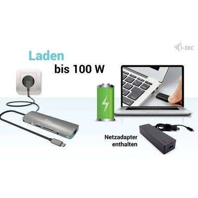 Ein USB-C-Hub wird in einen Laptop eingesteckt. Daneben steht 'Laden bis 100 W'. Ein Netzadapter ist abgebildet und mit 'Netzadapter enthalten' beschriftet.