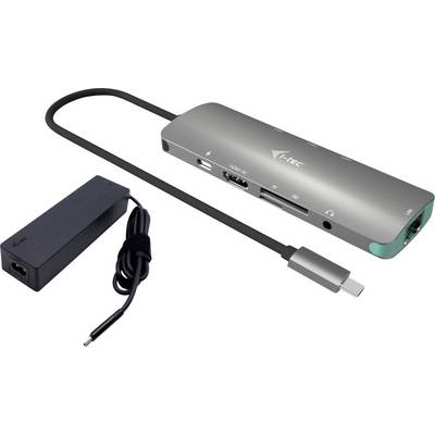 Mehrzweck-Adapter mit verschiedenen Anschlüssen: HDMI, USB, Ethernet und mehr. Verbindungskabel und Netzteil sind ebenfalls abgebildet.