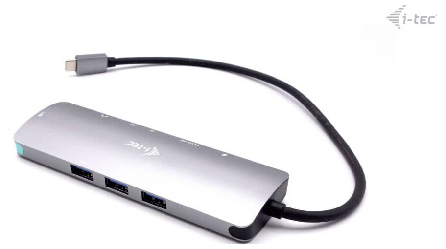 USB-C-Dockingstation mit mehreren Anschlussmöglichkeiten, darunter USB 3.0-Ports, in einem schlanken, metallischen Design.