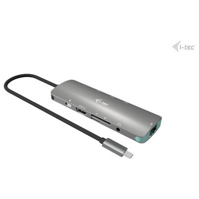 USB-C-Hub mit mehreren Anschlüssen, darunter HDMI, USB und SD-Kartensteckplatz. Marke 'i-tec' auf der Oberseite.