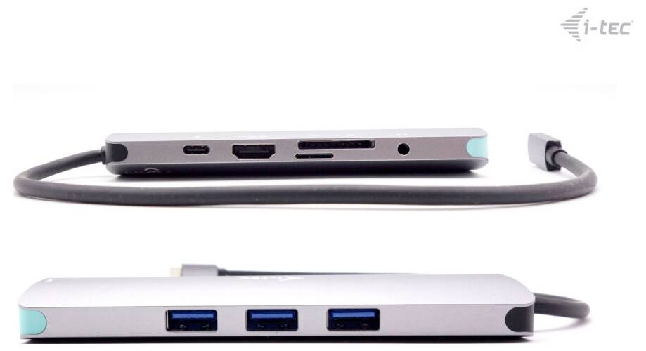 'USB-C-Hub mit mehreren Anschlüssen, einschließlich HDMI, USB-A und USB-C, von i-tec. Silbergraues Design mit abgerundeten Ecken.'