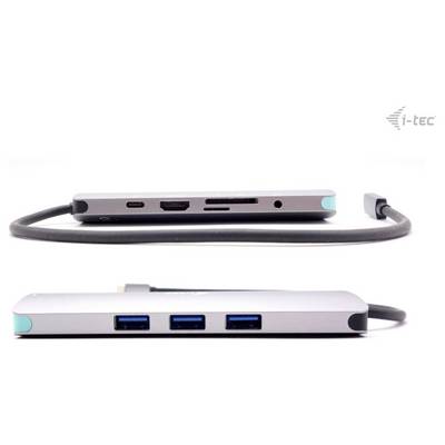 'USB-C-Hub mit mehreren Anschlüssen, einschließlich HDMI, USB-A und USB-C, von i-tec. Silbergraues Design mit abgerundeten Ecken.'