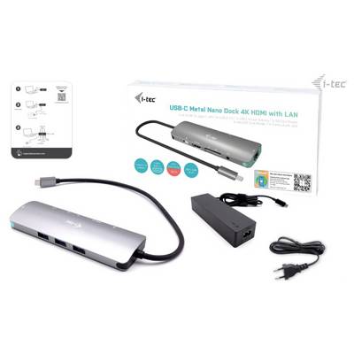USB-C-Dock mit mehreren Anschlüssen, darunter HDMI und LAN. Verpackung mit technischen Details. Zubehörteile abgebildet.