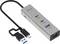 Ein silberner USB-C-Hub mit vier Anschlüssen, darunter drei USB-3.0-Ports und ein USB-C-Port. Ideal zum Erweitern von Anschlüssen.