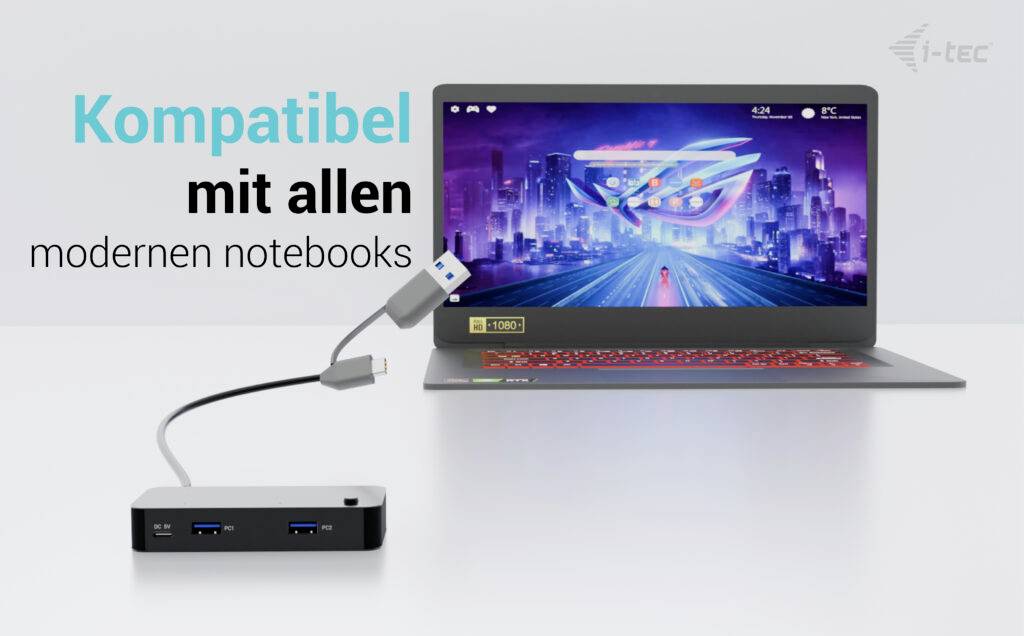 USB-Hub verbunden mit Laptop, auf dessen Bildschirm eine futuristische Stadtansicht zu sehen ist. Text: 'Kompatibel mit allen modernen Notebooks'.