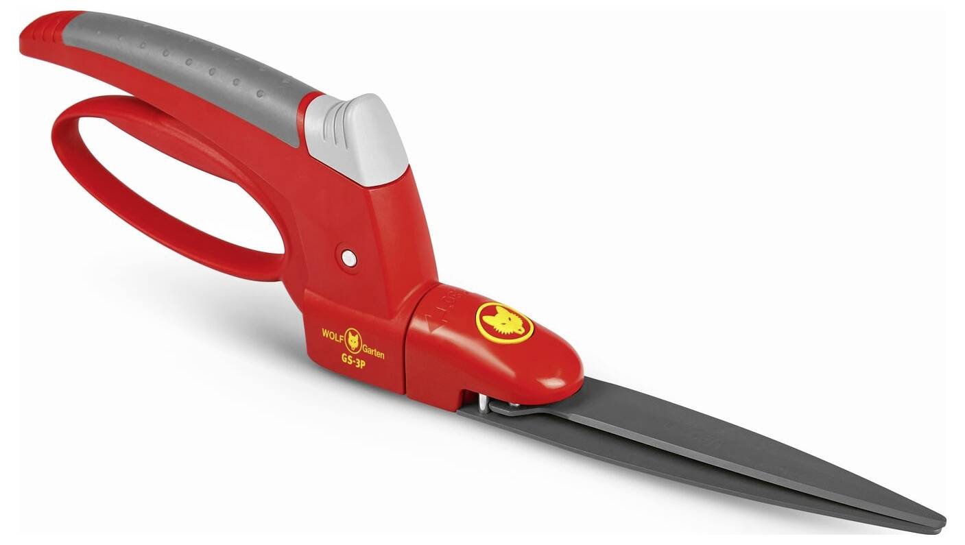 Eine rote und schwarze Schere mit ergonomischem Griff, geeignet für Gartenarbeiten. Sie hat einen Sicherheitsverschluss und ein Logo auf der Seite.