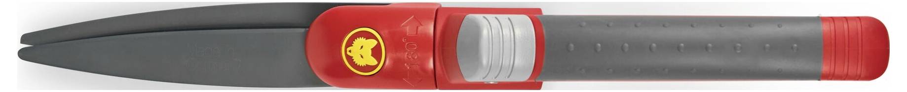 Gartenschere mit rotem und grauem Griff, geschlossene schwarze Klingen.