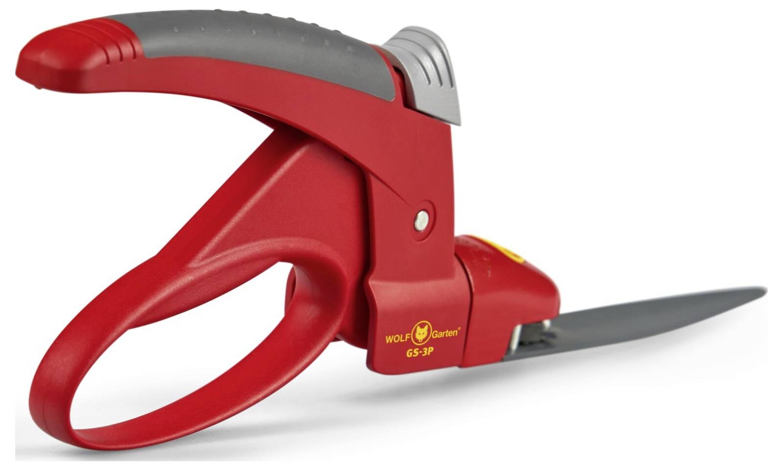 Rote und graue Grasschere mit ergonomischem Griff, geeignet für das präzise Schneiden von Rasenkanten.