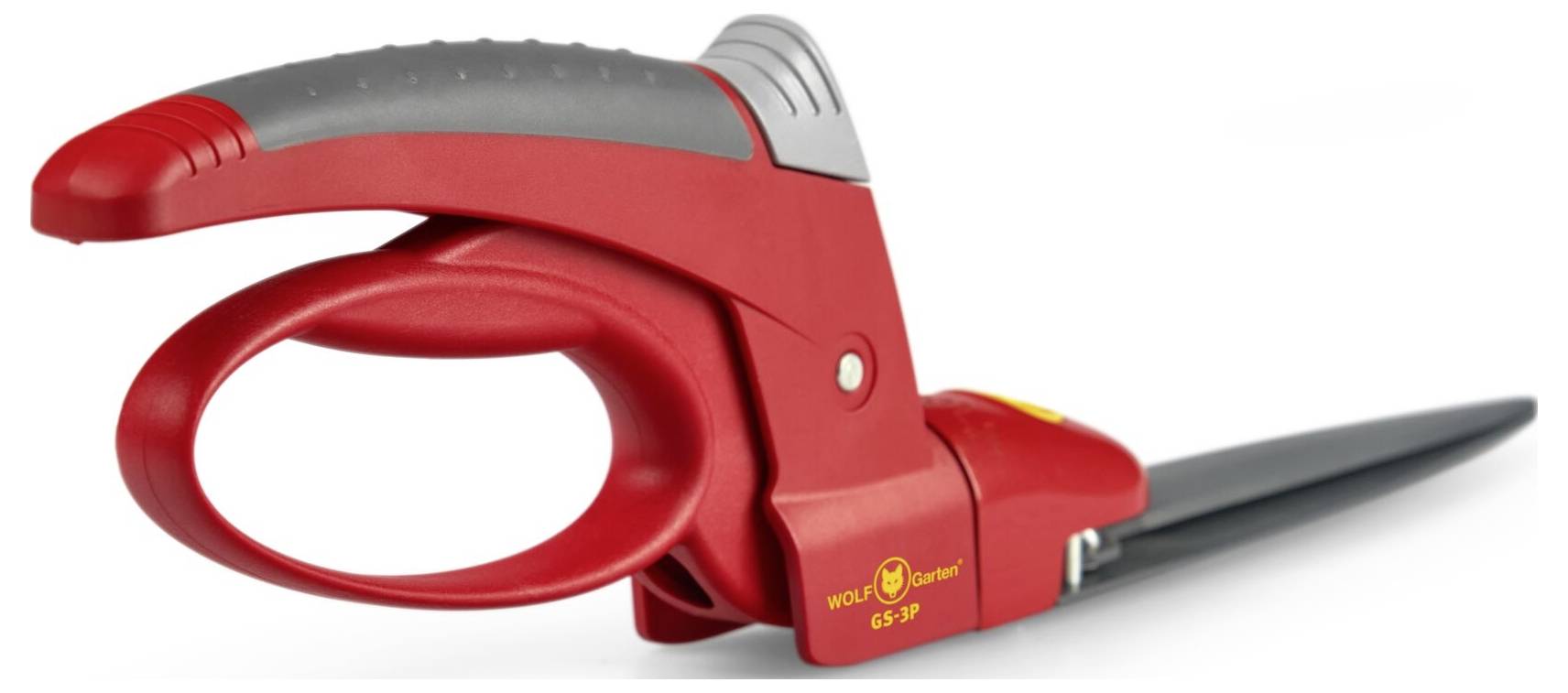 Eine rote Rasenschere mit ergonomischem Griff, geeignet zum präzisen Schneiden von Gras in kleinen Gärten oder an Kanten.