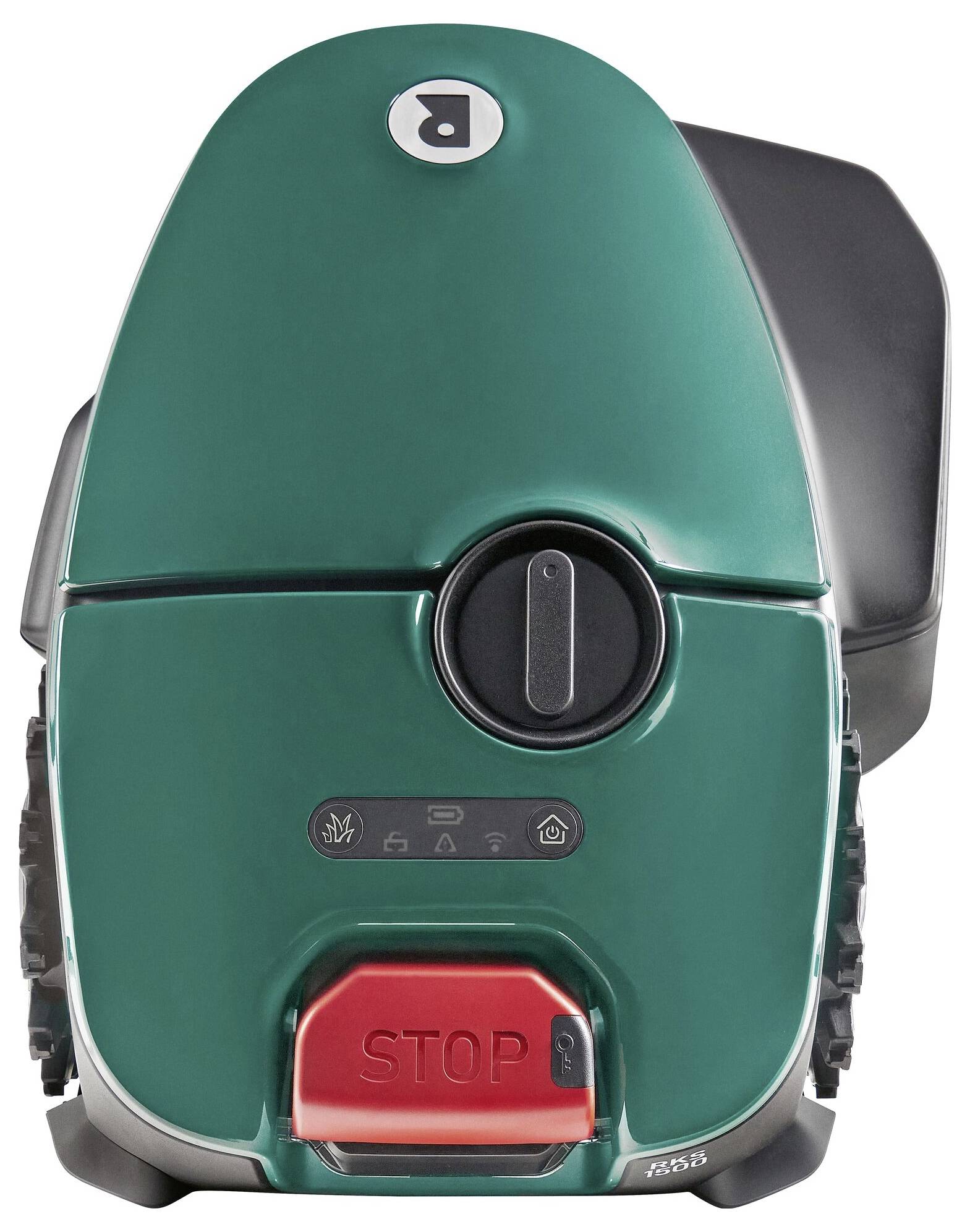 Ein grüner Robotermäher mit einem großen roten 'STOP'-Knopf und mehreren Bedienelementen an der Vorderseite.