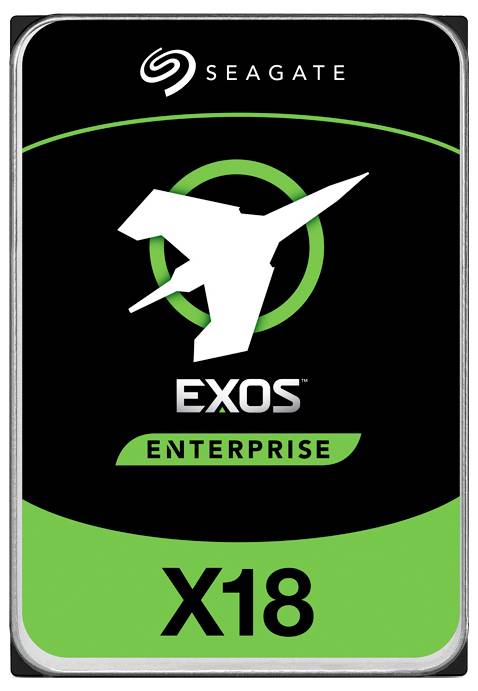 Festplatte von Seagate, Modell 'Exos X18 Enterprise', mit einem stilisierten Flugzeugsymbol auf schwarzem und grünem Hintergrund.