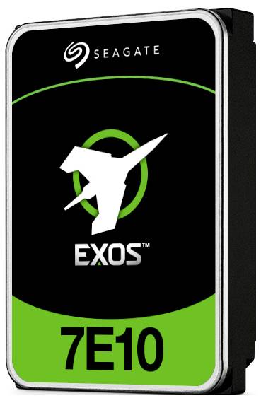 'Seagate Exos 7E10' Festplatte mit schwarzem und grünem Design. Enthält das Seagate-Logo oben und den Exos-Markenschriftzug.