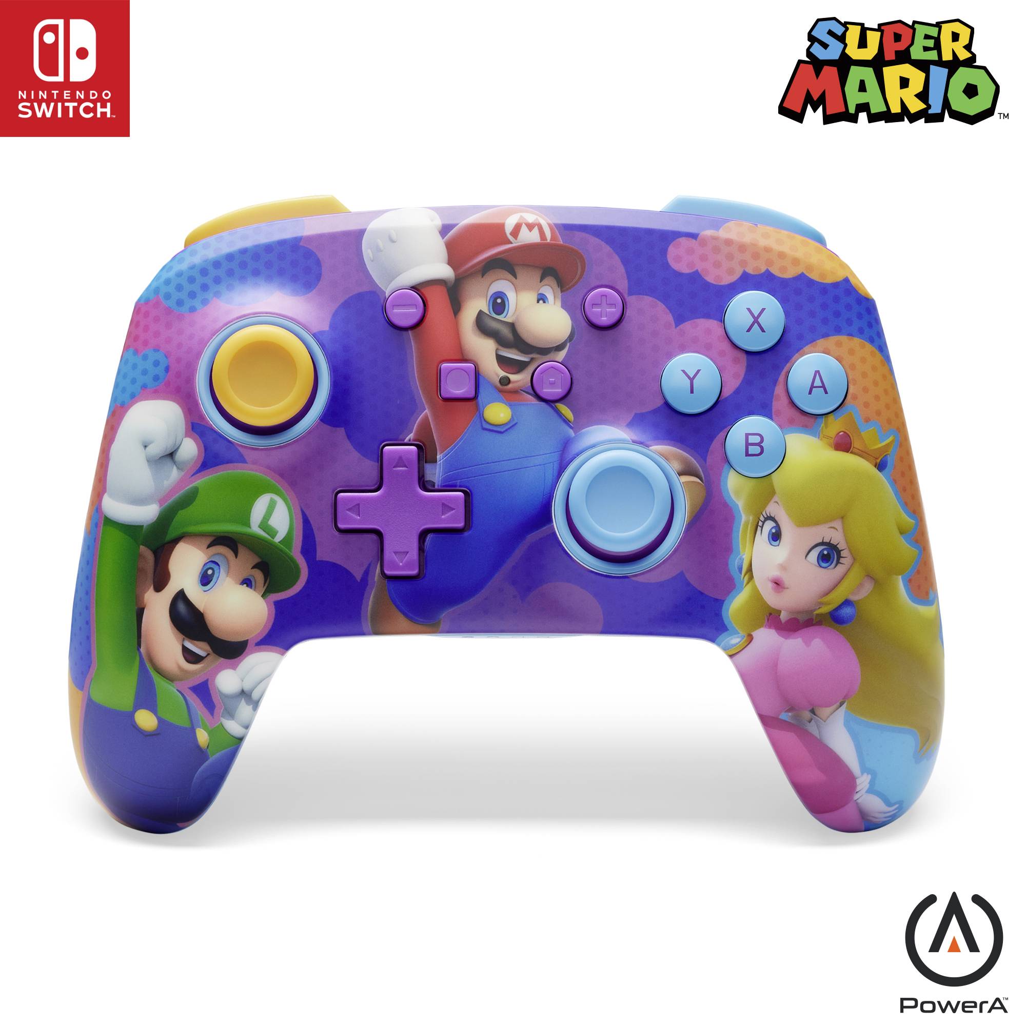 Ein bunter Nintendo Switch-Controller mit Abbildungen von Mario, Luigi und Prinzessin Peach vor einem wolkigen Hintergrund.