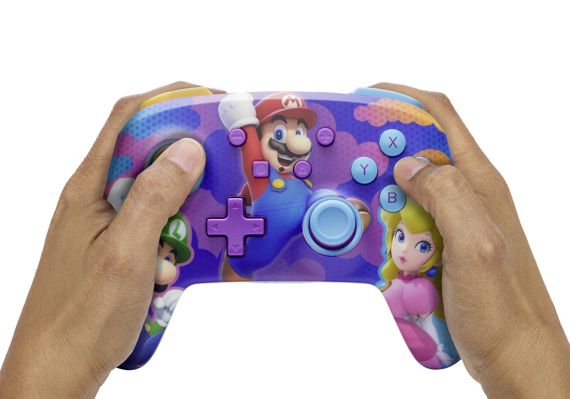 Zwei Hände halten einen Videospiel-Controller mit buntem Mario-Design.