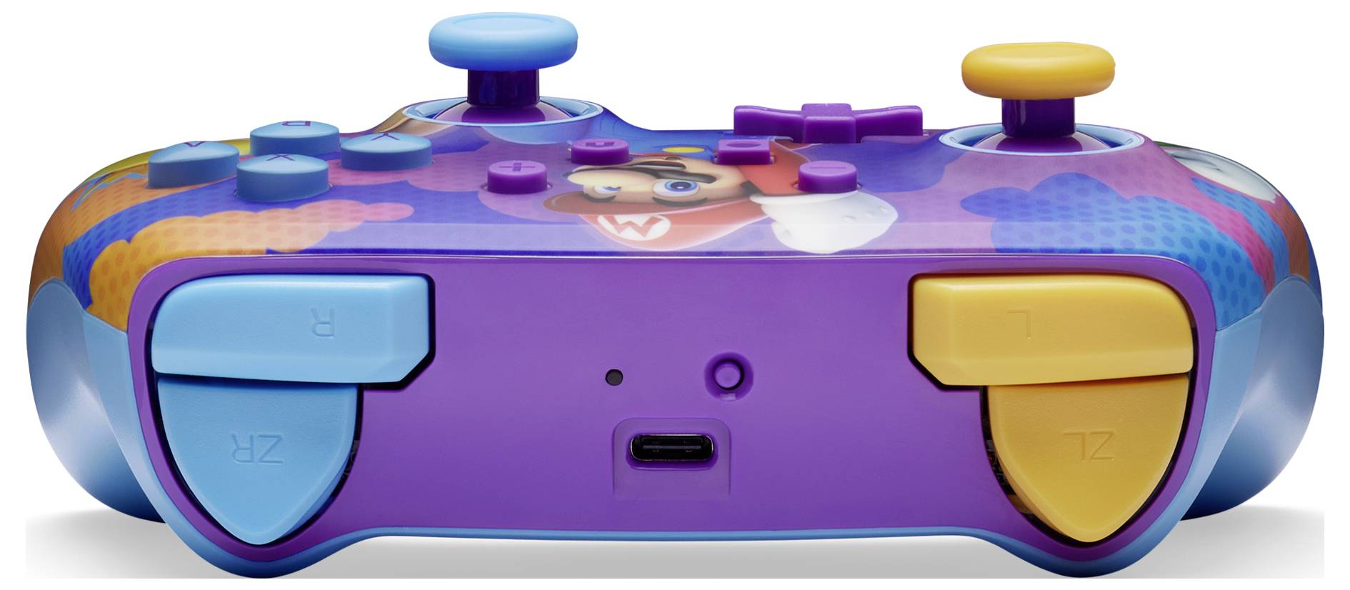 Ein buntes Gamepad mit charakteristischem Design. Die Vorderseite zeigt gelbe und blaue Tasten sowie ein Bild eines fröhlichen Charakters.