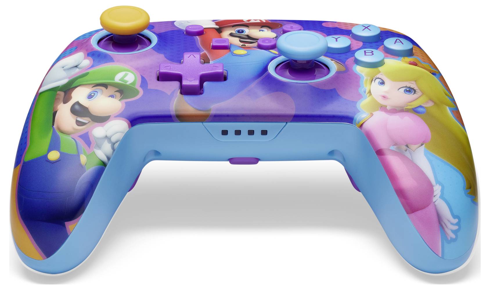 Ein bunter, themenbezogener Spielecontroller mit Motiven bekannter Videospielcharaktere auf blauem Hintergrund und verschiedenen Knöpfen.