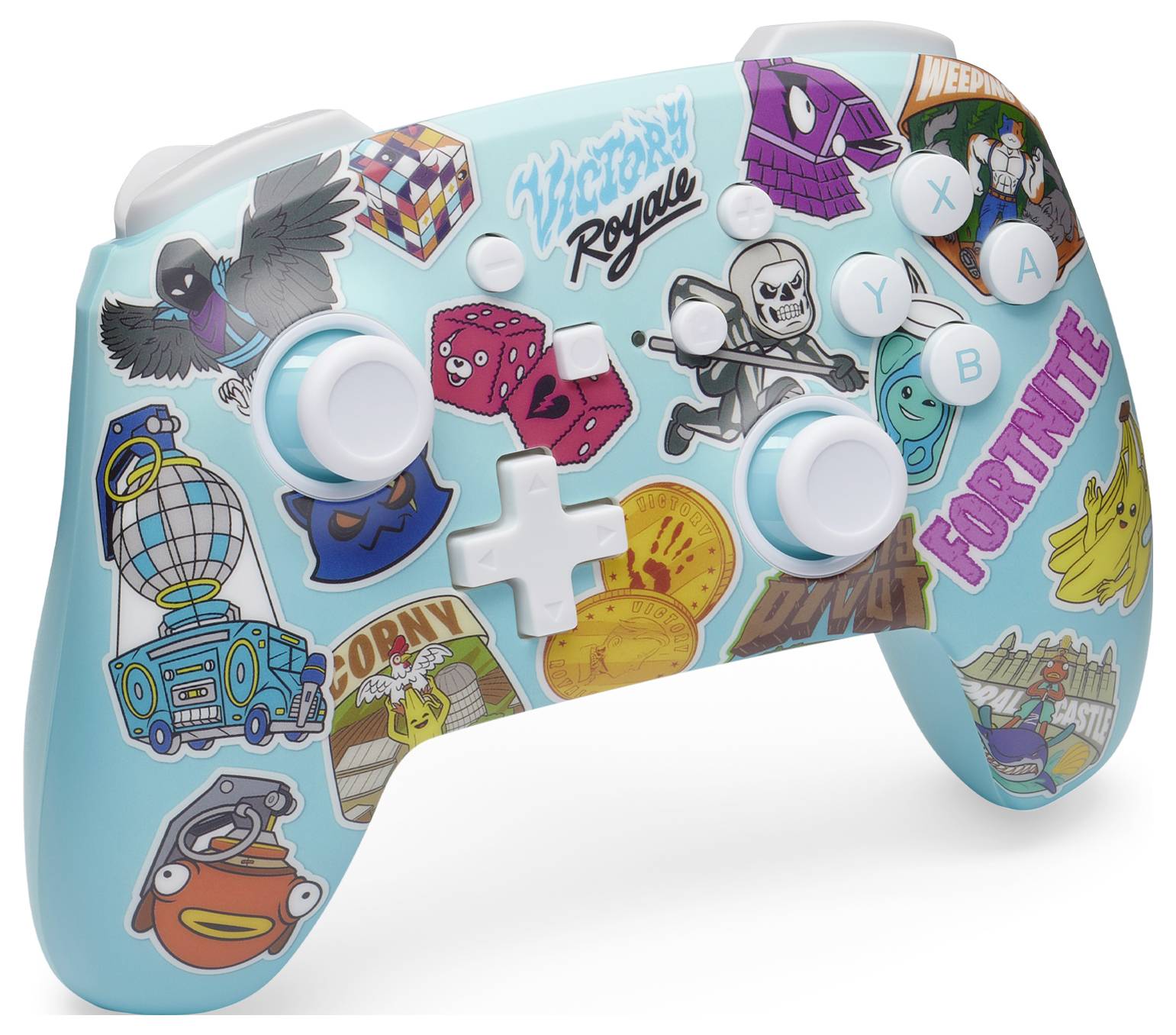 Ein Videospiel-Controller mit verschiedenen bunten Aufklebern von Spielmotiven. Schaltflächen sind deutlich sichtbar.