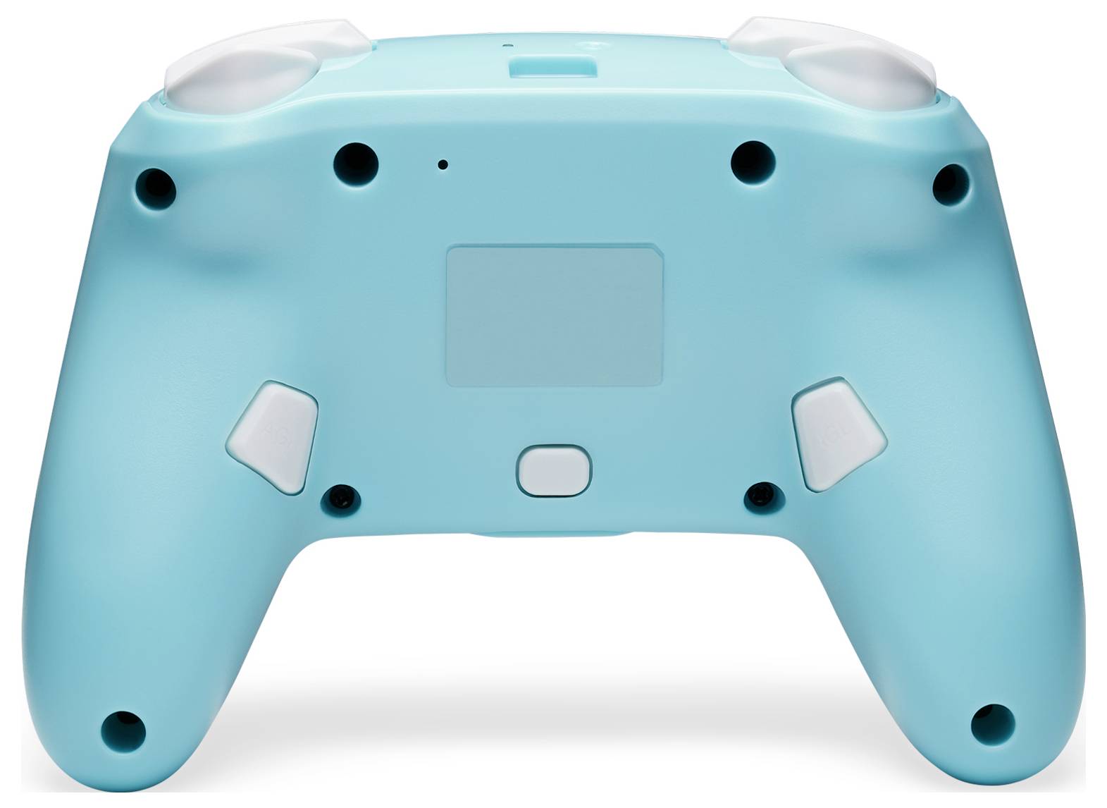 Ein heller, türkisfarbener Gamecontroller von der Rückseite gezeigt, mit weißen Knöpfen und einem mittleren rechteckigen Bereich.