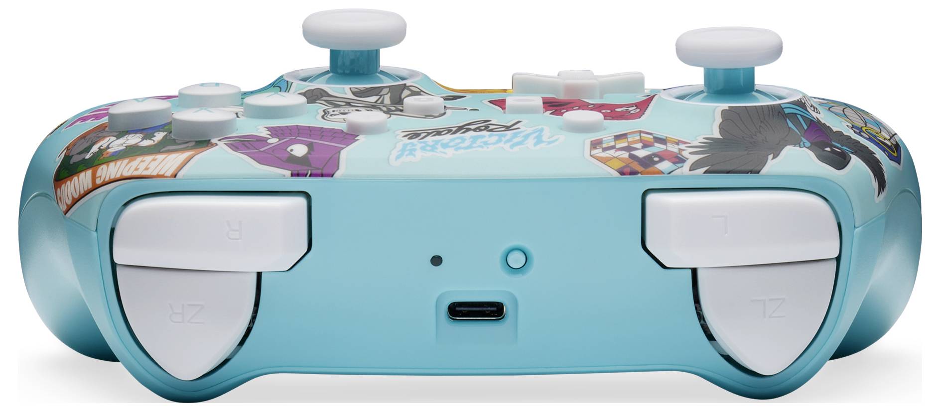 Ein türkisfarbener Gaming-Controller mit bunten Aufklebern und weißen Tasten, dargestellt von hinten.
