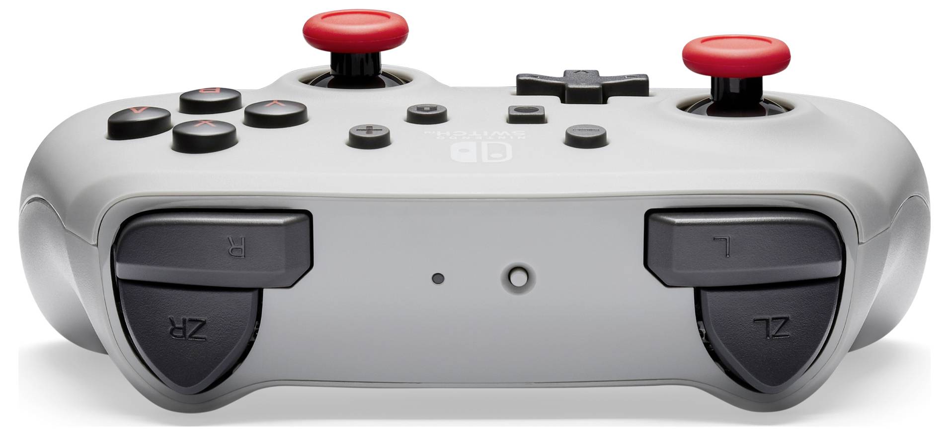 Grauer Gaming-Controller mit roten Joysticks und schwarzen Tasten, Vorderansicht zeigt Schultertasten und obere Kantensteuerungen.
