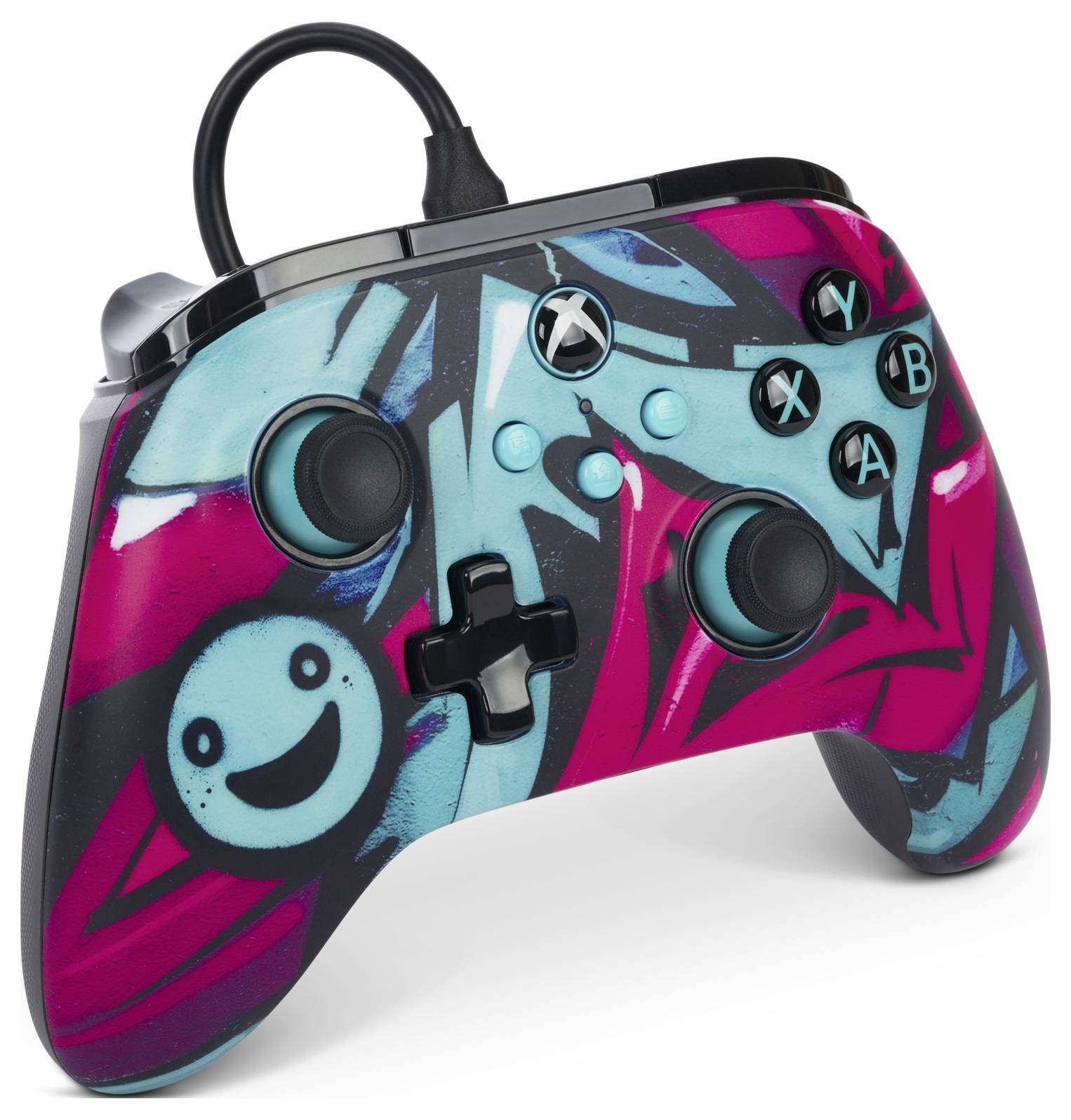 Ein bunter Gamecontroller mit grafischen Mustern in Rot und Blau, Tasten mit Buchstaben und Symbolen, sowie einem fröhlichen Gesicht.