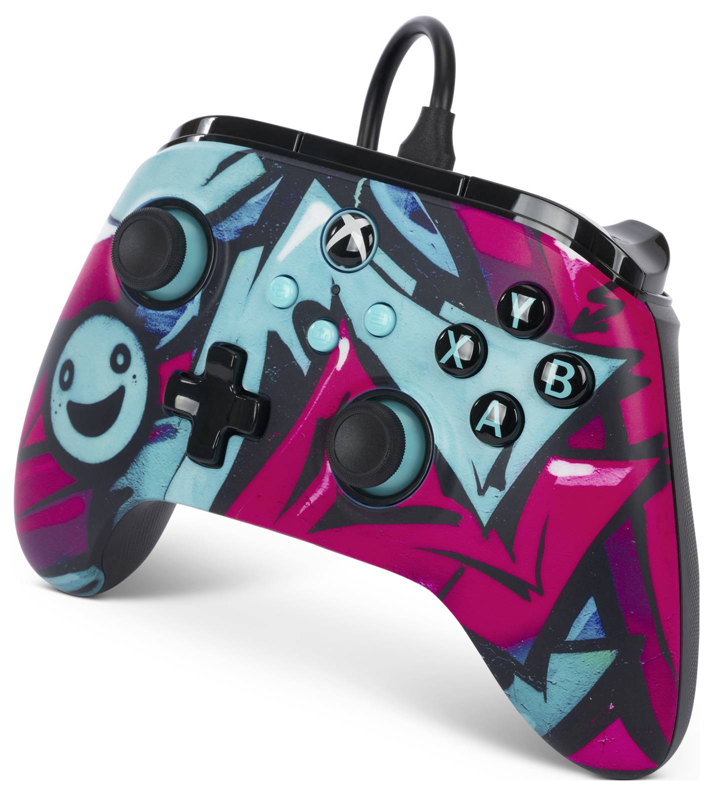 Ein bunter Videospiel-Controller mit rosa und blauen Grafiken sowie schwarzen Tasten. Im Hintergrund ein grinsendes Gesicht.