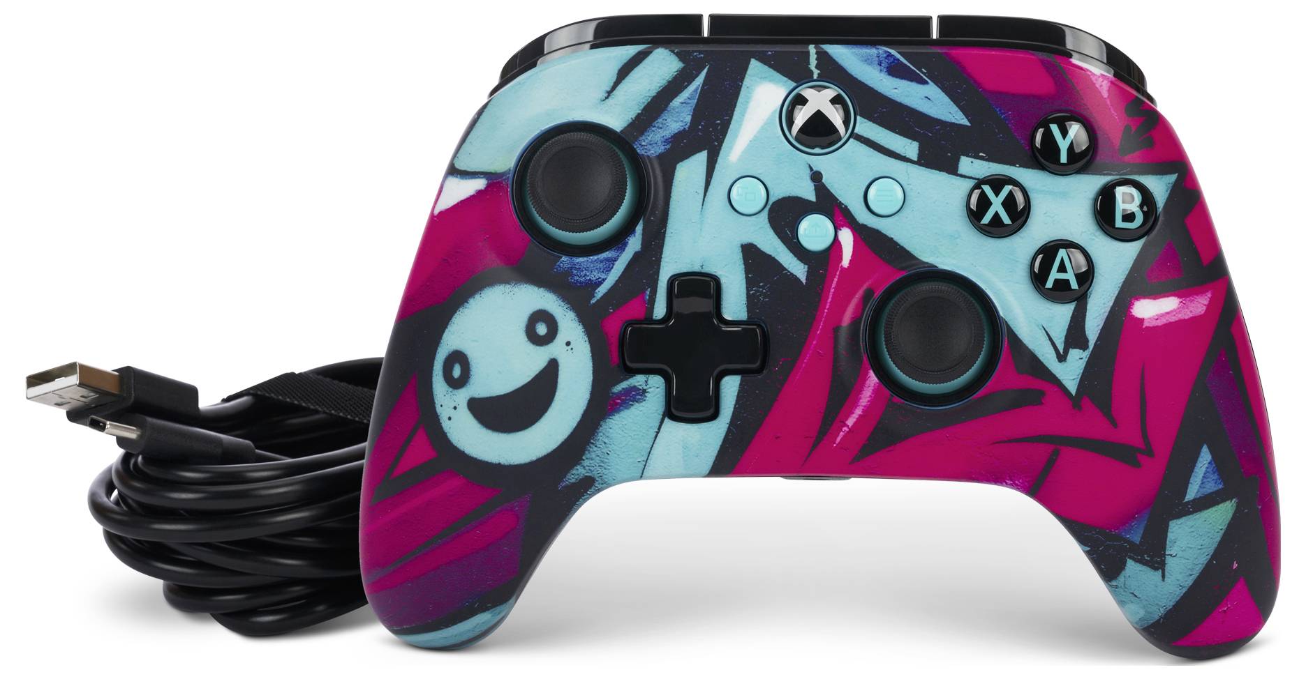 Ein bunter Gaming-Controller mit fröhlichem Smiley-Design, verbunden durch ein USB-Kabel.