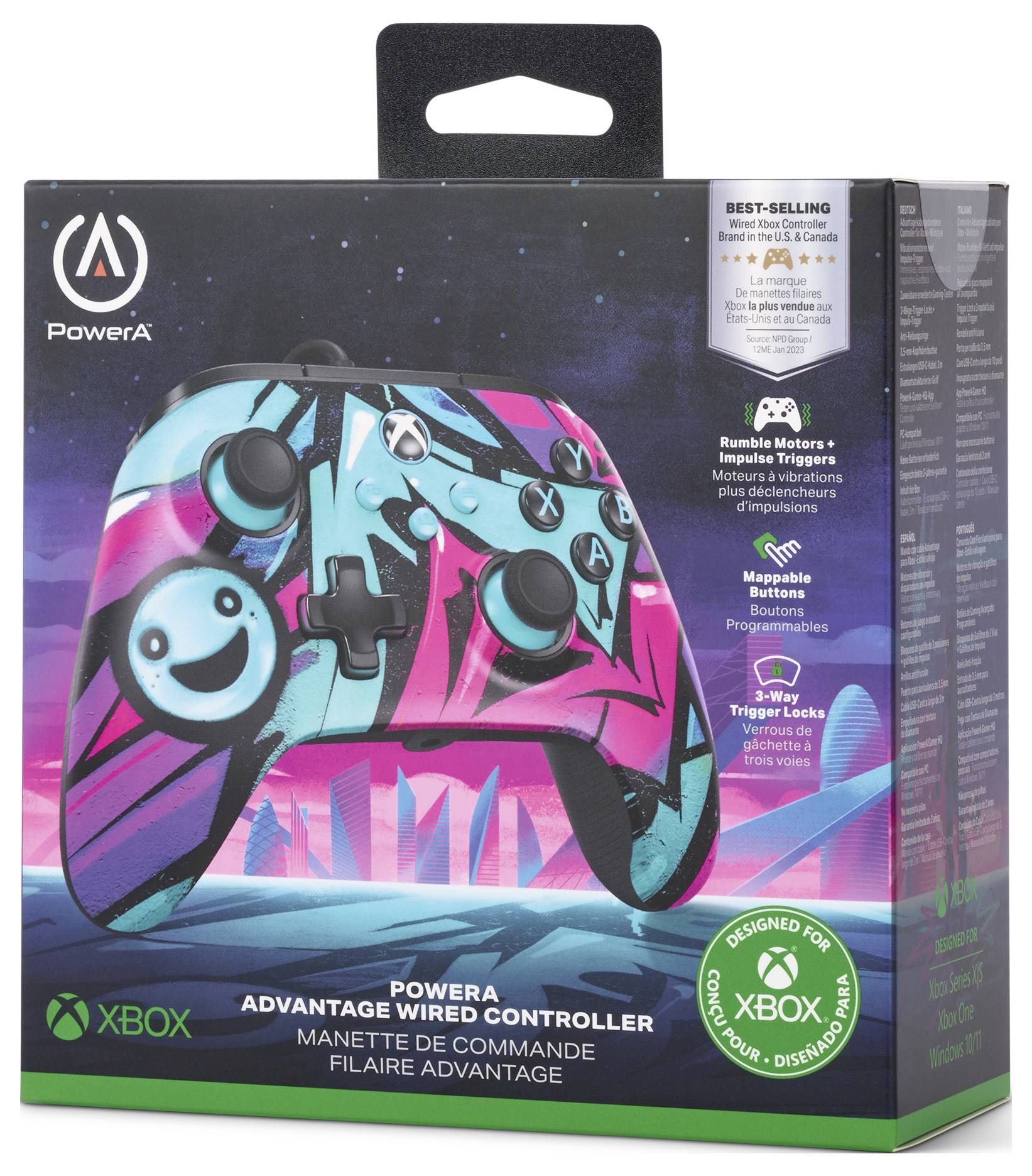 Bunte Verpackung eines PowerA Xbox Advantage Wired Controllers mit geometrischem Design und Smiley-Elementen.