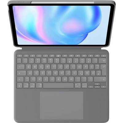 Tablet mit einer Tastaturhülle, Bildschirm zeigt ein abstraktes, buntes Design. Tastatur in QWERTZ-Anordnung erkennbar.