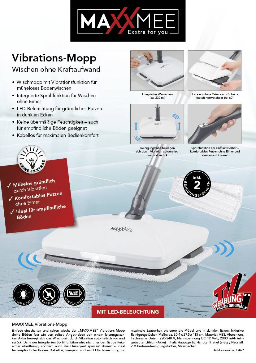Maxxmee 00469 Akku-Vibrationsmopp Bodenwischer Weiß, Grau 1 St.-13